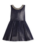 Sleeveless Pleated Metallic Ponte Dress, Twilight Navy, Size 7-16