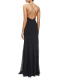 Sleeveless Open-Back Lace-Overlay Gown, Black
