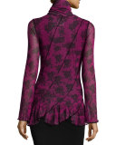 Lace-Print Ruffled Peplum Top, Fuchsia