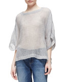 Linen-Blend Mesh Short-Sleeve Poncho Top, Pewter