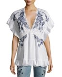 Embroidered V-Neck Cotton Blouse, White