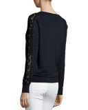 Long-Sleeve Embellished Lace Crewneck Sweater