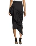 Cascading Ruffle Stretch-Poplin Midi Skirt, Black