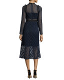 Star Lace Long-Sleeve Midi Dress, Navy