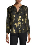 Vashti Metallic-Leaf Split-Neck Blouse, Caviar