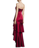 Strapless Tiered Asymmetric Satin Gown, Bordeaux
