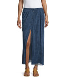 Button-Front Denim Mesh Maxi Skirt 