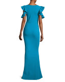 Beaufort Cold-Shoulder Ruffle-Sleeve Jersey Gown, Blue