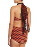 Geometric-Print Two-Piece Bikini Swimsuit, Coral Multi