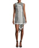 Mixed-Print Sleeveless Asymmetric-Hem Dress, Black/White