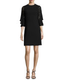 Ruffled Lace-Sleeve Shift Dress, Black