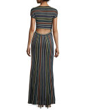 Short-Sleeve Micro-Striped Maxi Dress, Black