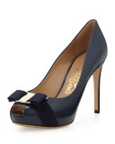 Plum Peep-Toe Bow Pump, Oxford Blue