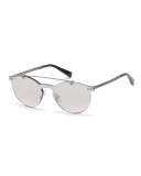 Rimless Double-Bar Round Sunglasses, Silver