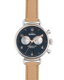 38mm Canfield Leather Strap Watch, Natural/Siler