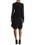 Long-Sleeve Embroidered Silk Dress, Black
