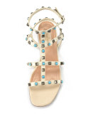 Rockstud Rolling Leather Flat Sandal, Light Ivory
