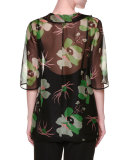 Half-Sleeve Ruffle-Front Printed Blouse, Moss