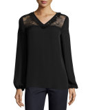 Phoebe Long-Sleeve Tasseled Lace-Yoke Silk Blouse, Black
