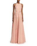 Sleeveless Belted A-Line Gown, Orange