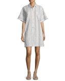 Striped Half-Sleeve Shirtdress, White