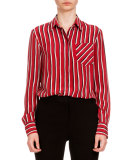 Chika Striped Button-Front Blouse, Tango/Black