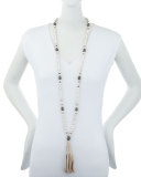 Magnesite Rhinestone Necklace with Leather Tassel, White