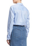 Long-Sleeve Oxford Shirting Bodysuit, Light Blue