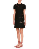 Embroidered-Swallow Short-Sleeve Dress, Black