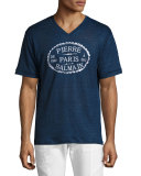 Linen V-Neck Logo T-Shirt, Blue