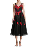 Sleeveless Floral Tulle Tea-Length Dress, Black