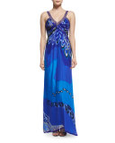 Printed Sleeveless V-Neck Gown, Blue/Multi