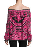 Embroidered Off-the-Shoulder Long-Sleeve Blouse, Black/Fuchsia