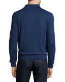 Cashmere Long-Sleeve Polo Sweater, Royal Navy Melange