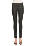 Mid-Rise Flat-Yoke Leather Leggings, Black