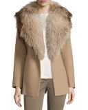 Belted Fur-Trim Wrap Coat, Camel