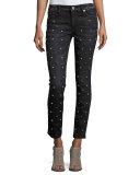 Halle Embellished Mid-Rise Super Skinny Jeans, Black Moonstone