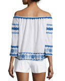 Wanda Off-The-Shoulder Embroidered Top, White/Blue