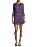 Leaf-Print 3/4-Sleeve Shift Dress, Violet