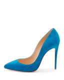 Pigalle Follies Suede 100mm Red Sole Pump, Egyptian Blue