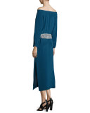 Belted Silk Off-the-Shoulder Midi Dress, Emerald Blue