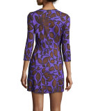 Leaf-Print 3/4-Sleeve Shift Dress, Violet