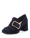 Suede Buckle Kiltie Loafer, Blue (Bleu)