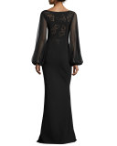 Dree Long-Sleeve Butterfly Mermaid Gown, Black