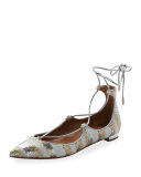 Christy Sequined Lace-Up Pointed-Toe Flat, Beige