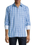 Ombre-Plaid Long-Sleeve Sport Shirt, Blue Pattern