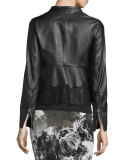 Lace-Trim Zip-Up Leather Jacket, Black