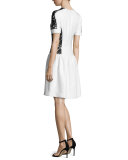 Short-Sleeve Lace-Inset Dress, White/Black