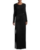 Long-Sleeve Fringe Jersey Maxi Dress, Black