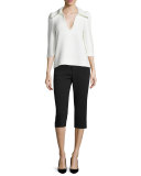3/4-Sleeve Oversized-Collar Top, White